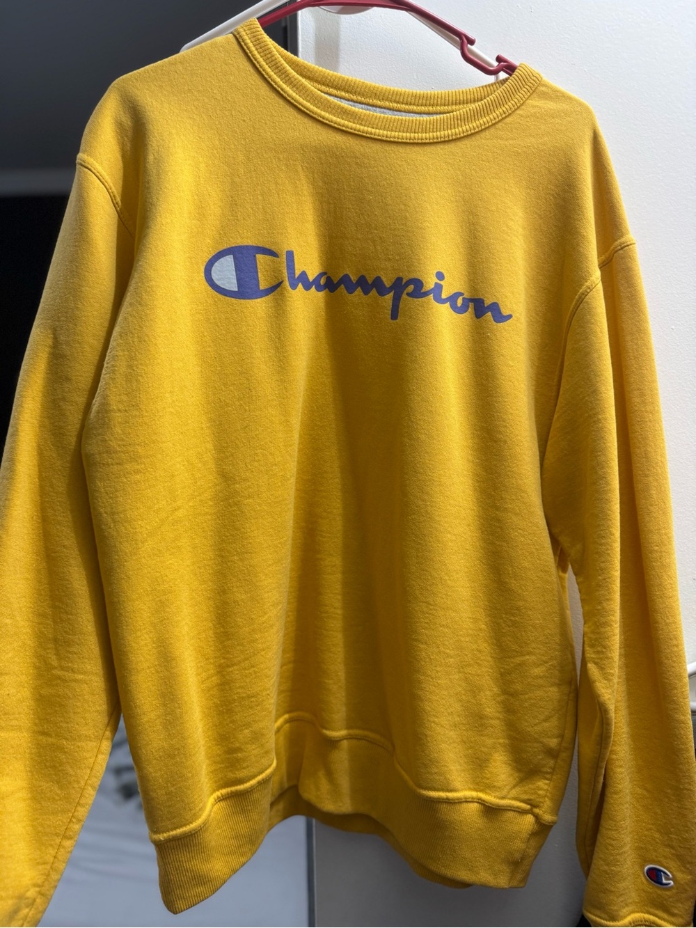 Champion Crewneck Sweatshirt in Mustard Yellow with Blue Logo